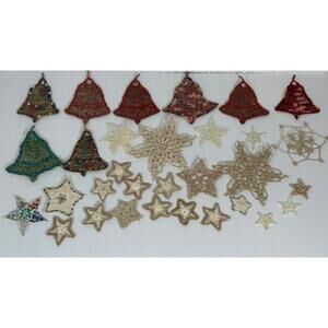 31 VTG Handmade Starched Crocheted Snowflakes Bells Stars‎ Christmas Ornaments